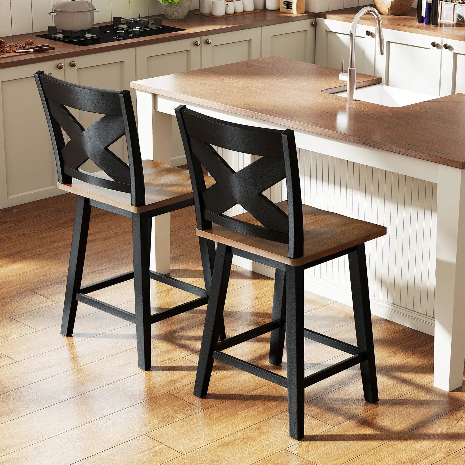 24" Rubberwood Swivel Barstools Set of 2 with Backrest and Large Seat by DirectDeals