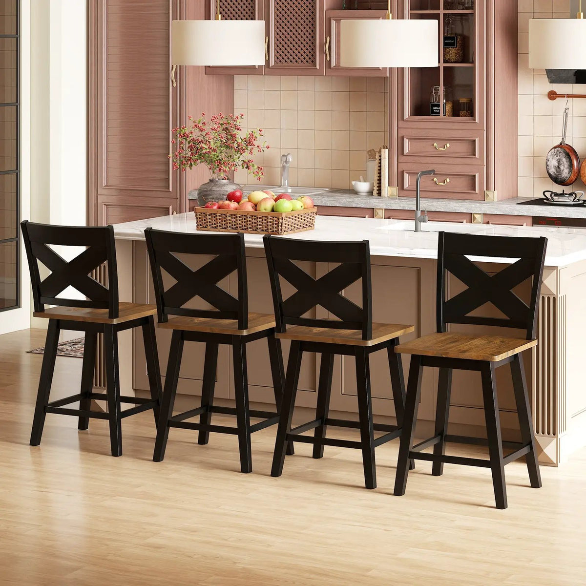 24" Rubberwood Swivel Barstools Set of 2 with Backrest and Large Seat by DirectDeals