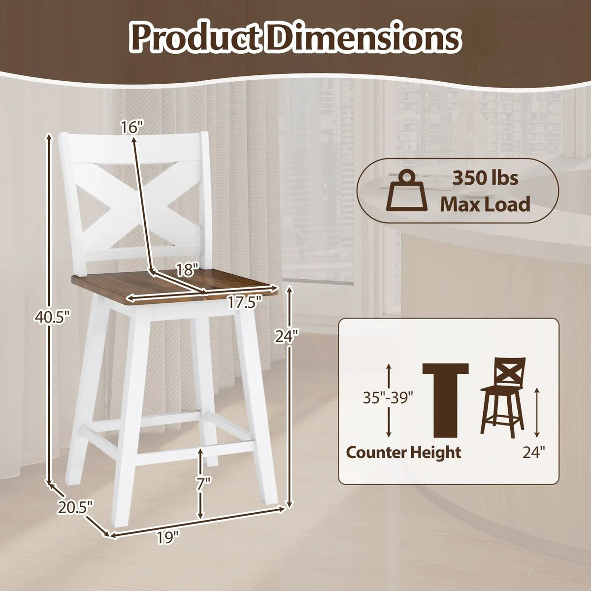 24" Rubberwood Swivel Barstools Set of 2 with Backrest and Large Seat by DirectDeals