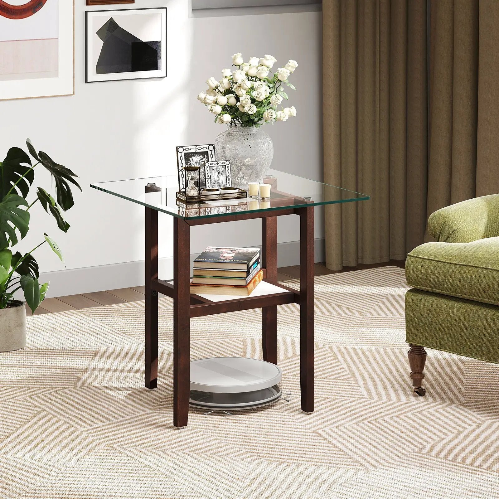 24 Inch 2-Tier Square Glass Coffee Table Center Table with Storage Shelf-Brown by DirectDeals