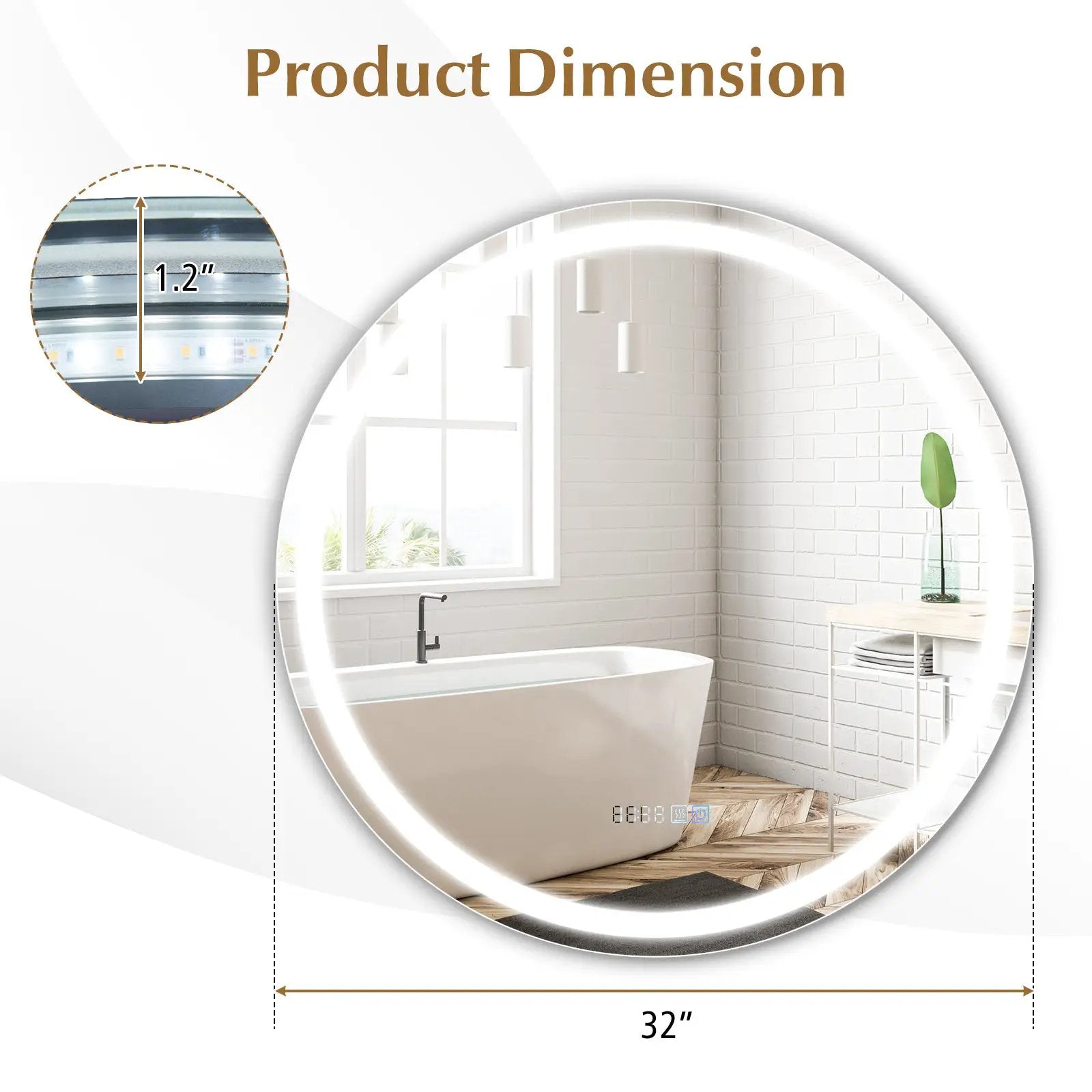 32 Inch Anti-Fog Bathroom Wall Mirror with 3-Color LED Lights by DirectDeals