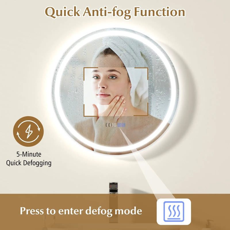 24 Inch Anti-Fog Bathroom Wall Mirror with 3-Color LED Lights and Temperature Display by DirectDeals
