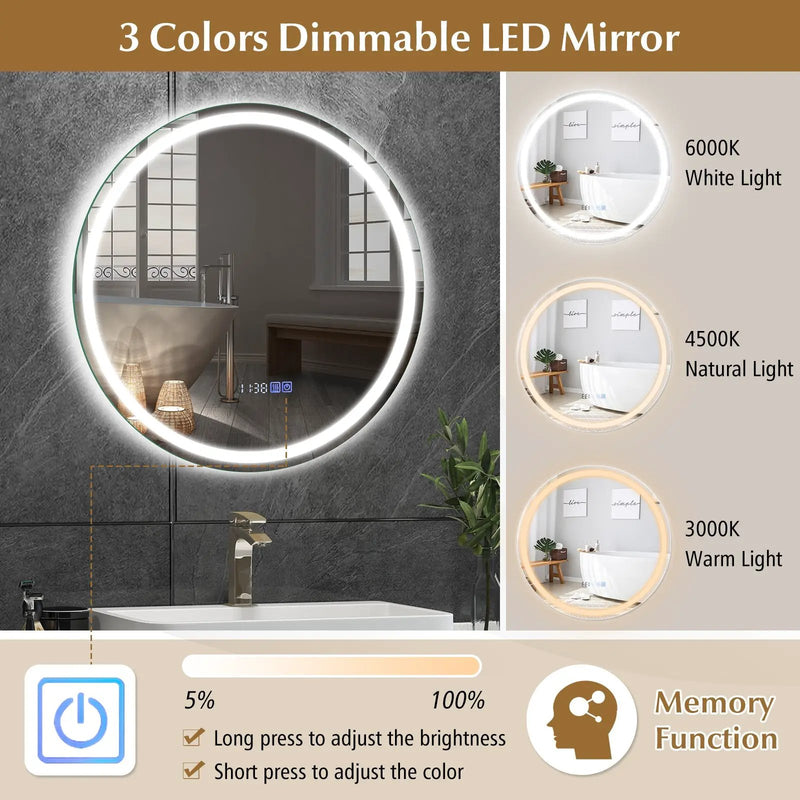 24 Inch Anti-Fog Bathroom Wall Mirror with 3-Color LED Lights and Temperature Display by DirectDeals