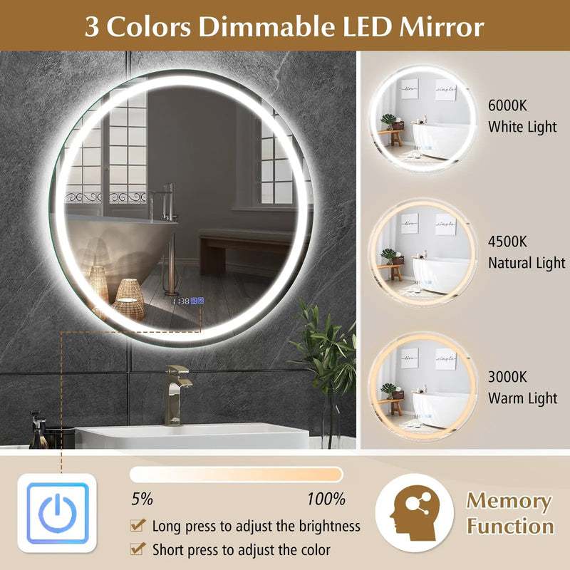 32 Inch Anti-Fog Bathroom Wall Mirror with 3-Color LED Lights by DirectDeals