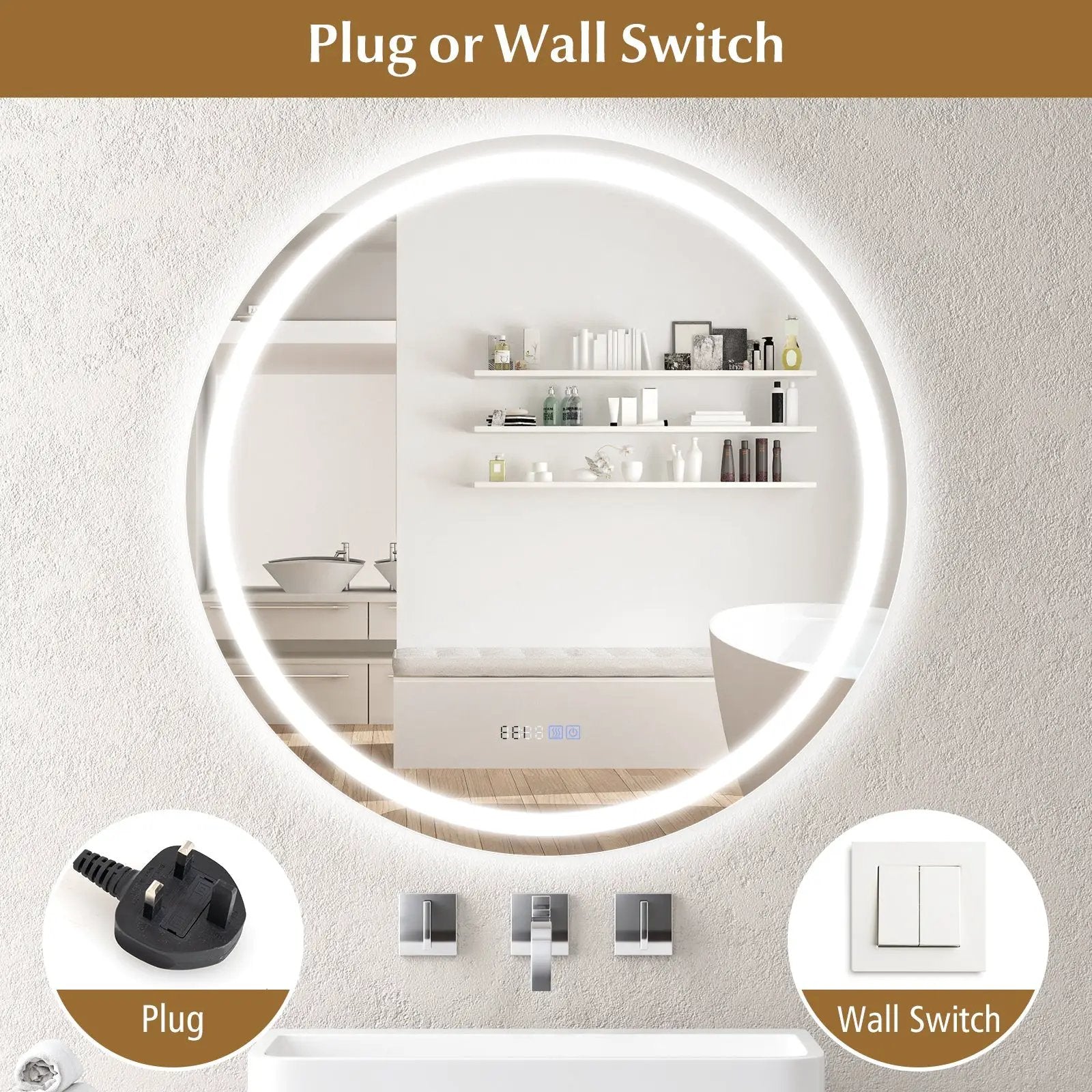 32 Inch Anti-Fog Bathroom Wall Mirror with 3-Color LED Lights by DirectDeals
