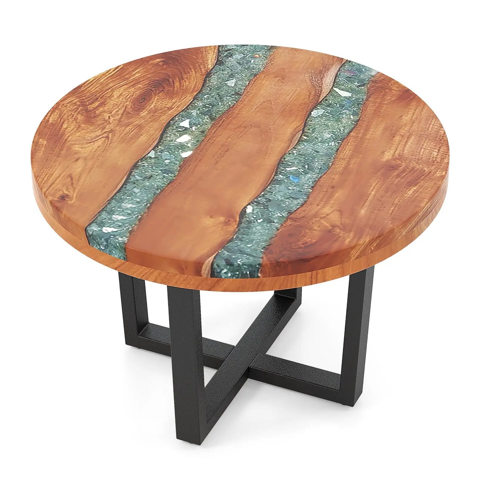 24 Inch Outdoor Solid Live Edge Round Teak Wood End Table with Epoxy Resin Tabletop by DirectDeals
