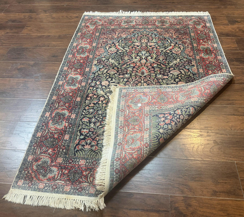 Silk Indian Kashmiri Rug 4x6, Tree of Life Pattern, Birds, Fine 290 KPSI, Navy Blue and Red, Handmade Oriental Carpet by Jewel Rugs