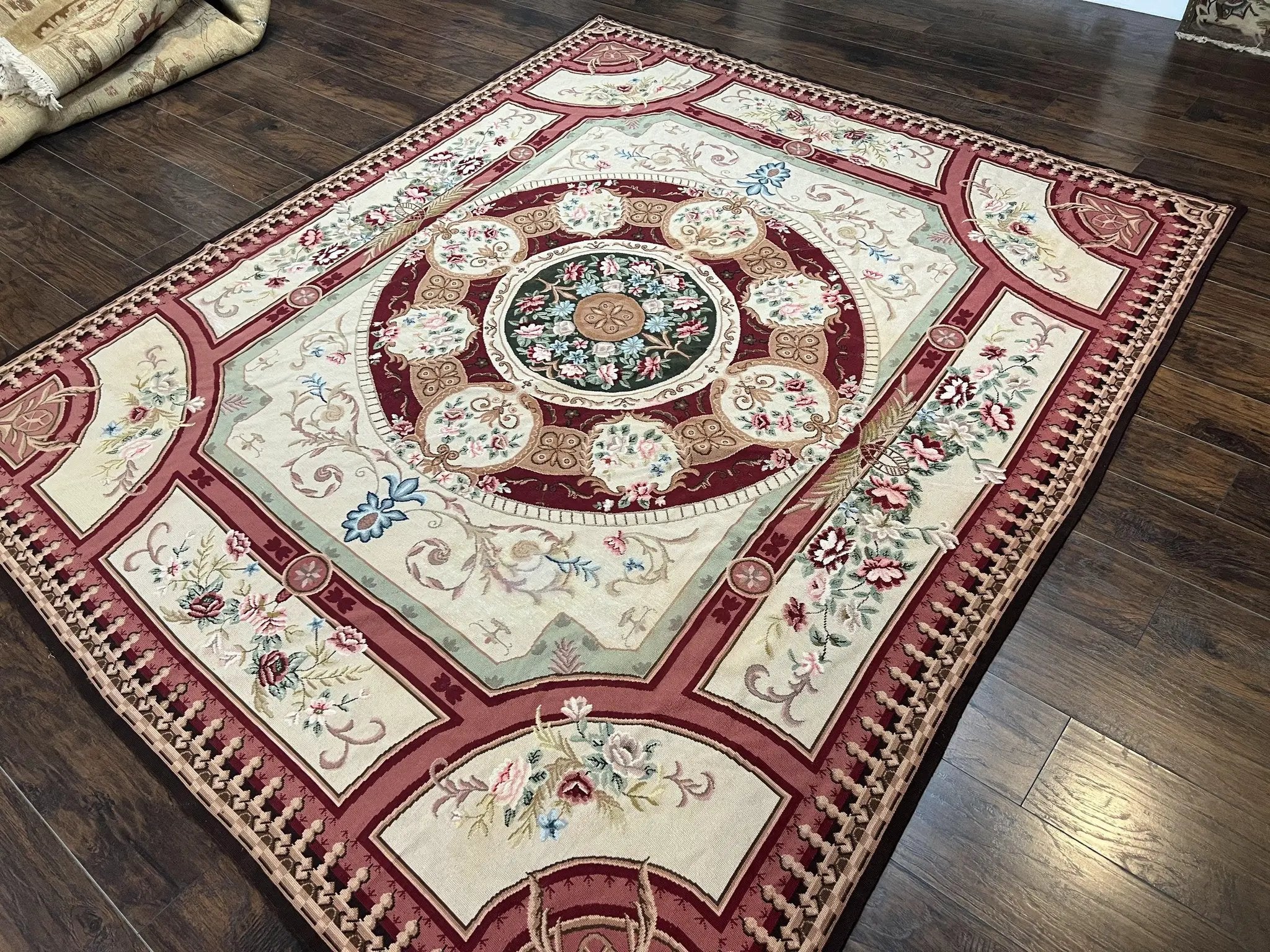 Needlepoint Rug 7.9 x 9, Beige Maroon Rose, Handmade Handwoven Flatweave Aubusson Savonnerie French European Elegant Carpet, Wool Rug by Jewel Rugs
