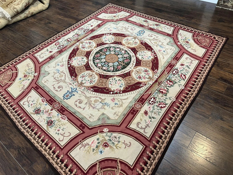 Needlepoint Rug 7.9 x 9, Beige Maroon Rose, Handmade Handwoven Flatweave Aubusson Savonnerie French European Elegant Carpet, Wool Rug by Jewel Rugs