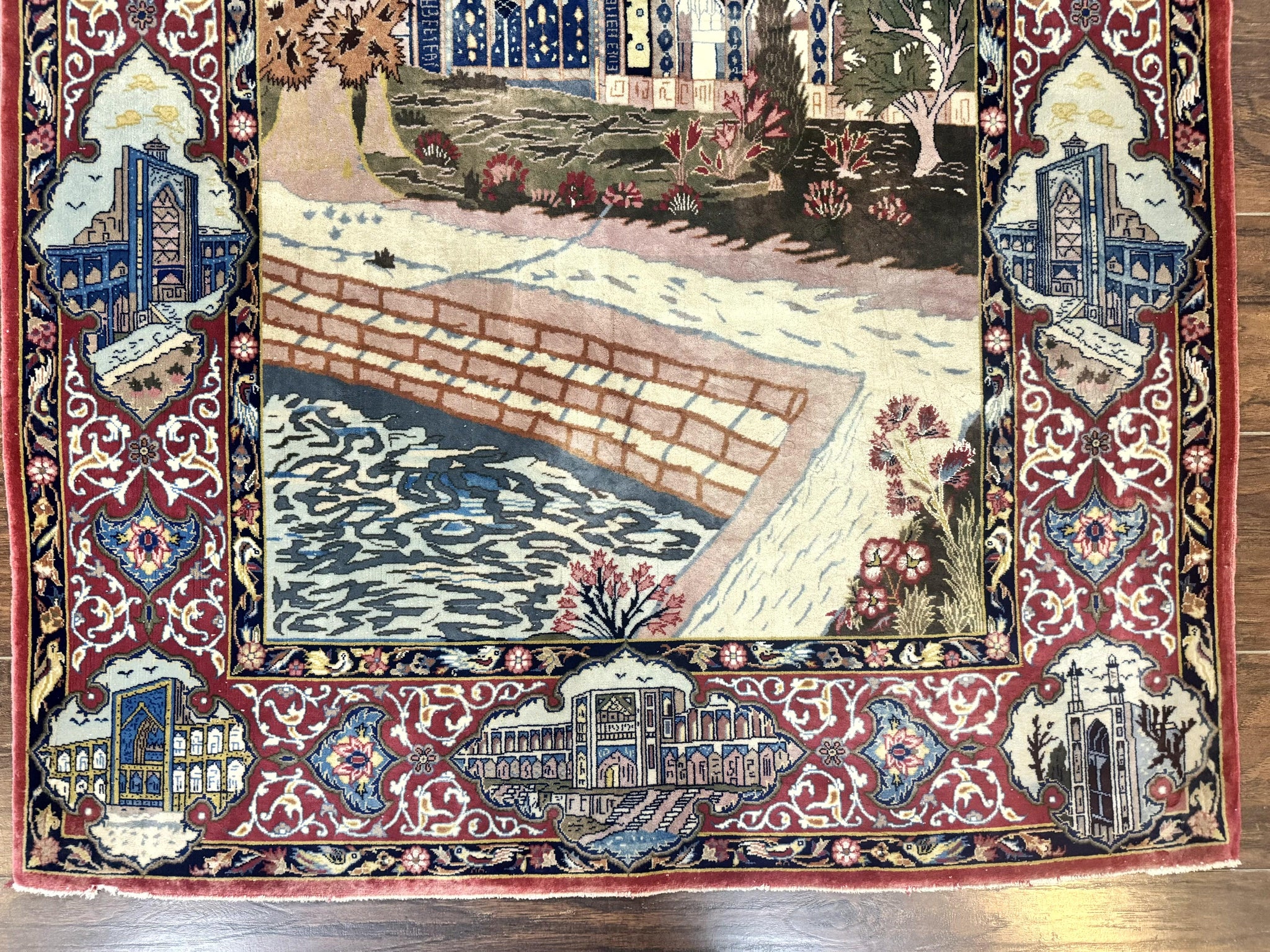 Persian Isfahan Pictorial Rug 3.6 x 5.7, Very Fine 400 KPSI, Historical Buildings, Signed By Masterweaver, Handmade by Jewel Rugs