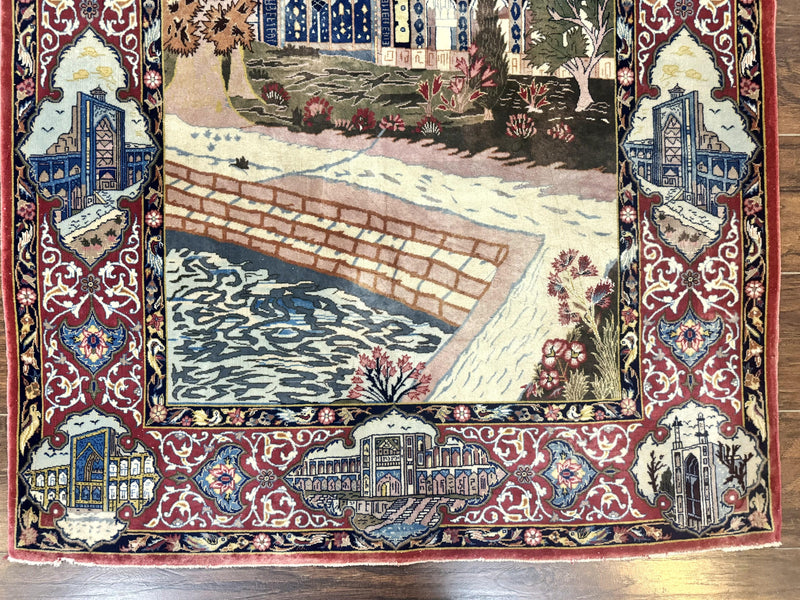 Persian Isfahan Pictorial Rug 3.6 x 5.7, Very Fine 400 KPSI, Historical Buildings, Signed By Masterweaver, Handmade by Jewel Rugs