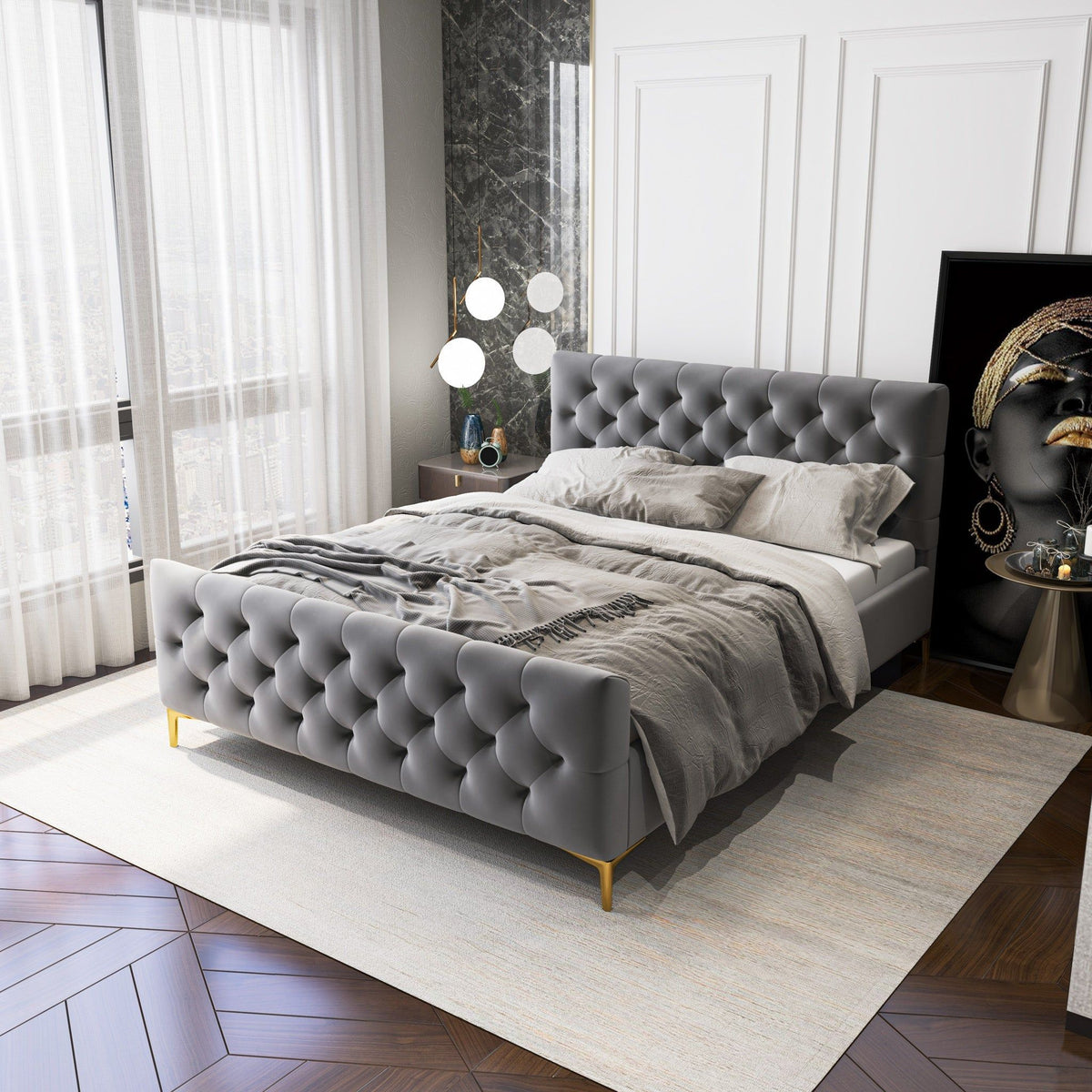 Elegant Design Upholstered Bed with Solid Wood Frame - Dark Gray, photo 5 of 12