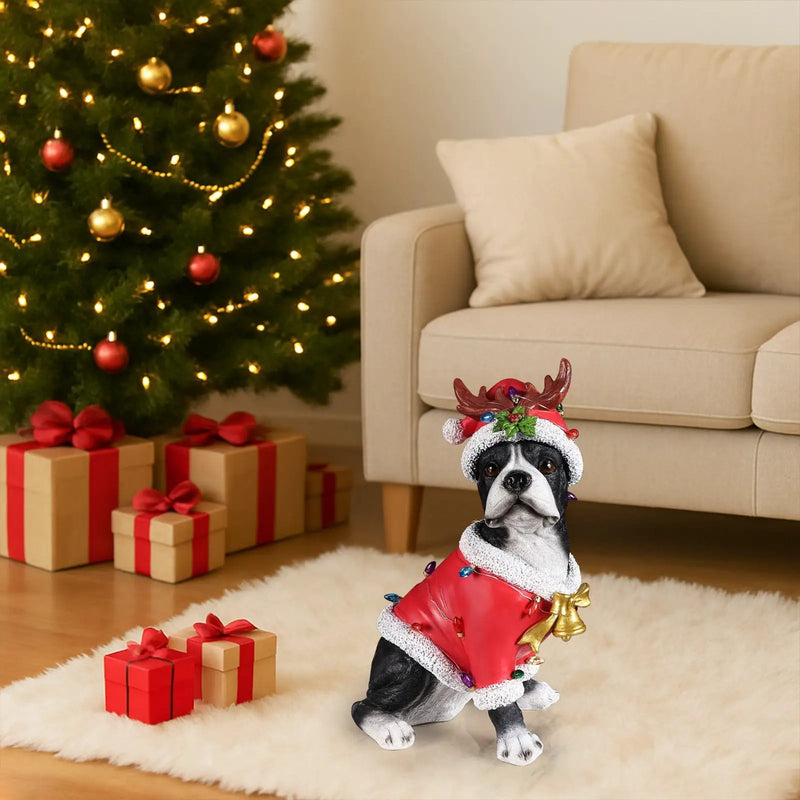 Christmas Boston Terrier Statue, Holiday Dog Figurine in Santa Outfit by HouseOfZazla