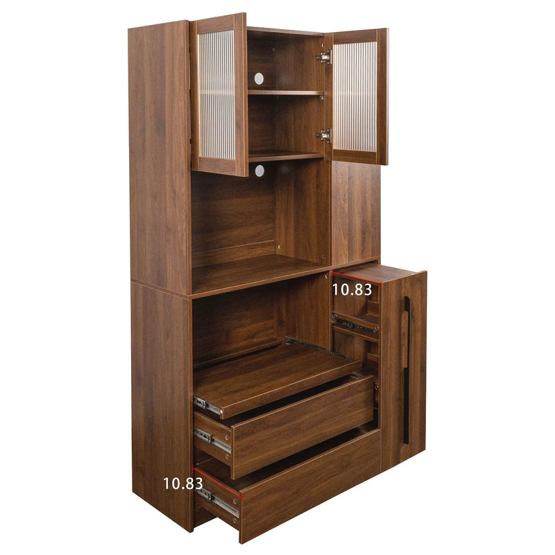 Tall Kitchen Pantry Cabinet With 4 Tier Side Shelf, 2 Drawers, Freestanding Food Hutch With Microwave Stand For Dining Room - Walnut by HouseOfZazla