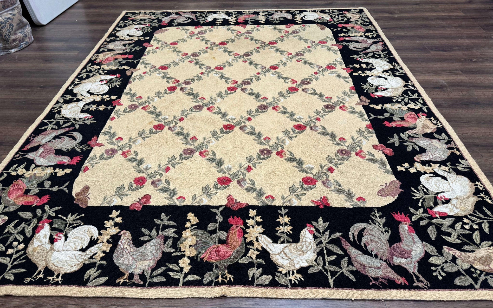 Vintage Hooked Rug 7x9, Rosters in Border, Roses and Butterflies by Jewel Rugs