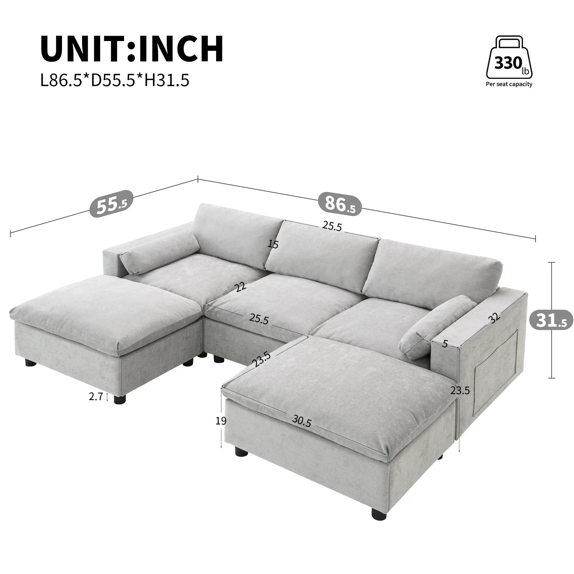 Modular Sectional With Storage Pockets, 5 Seat U Shaped Couch Set With Pillows, Free Combination Modern Cloud Sofa With 2 Movable Ottoman by HouseOfZazla