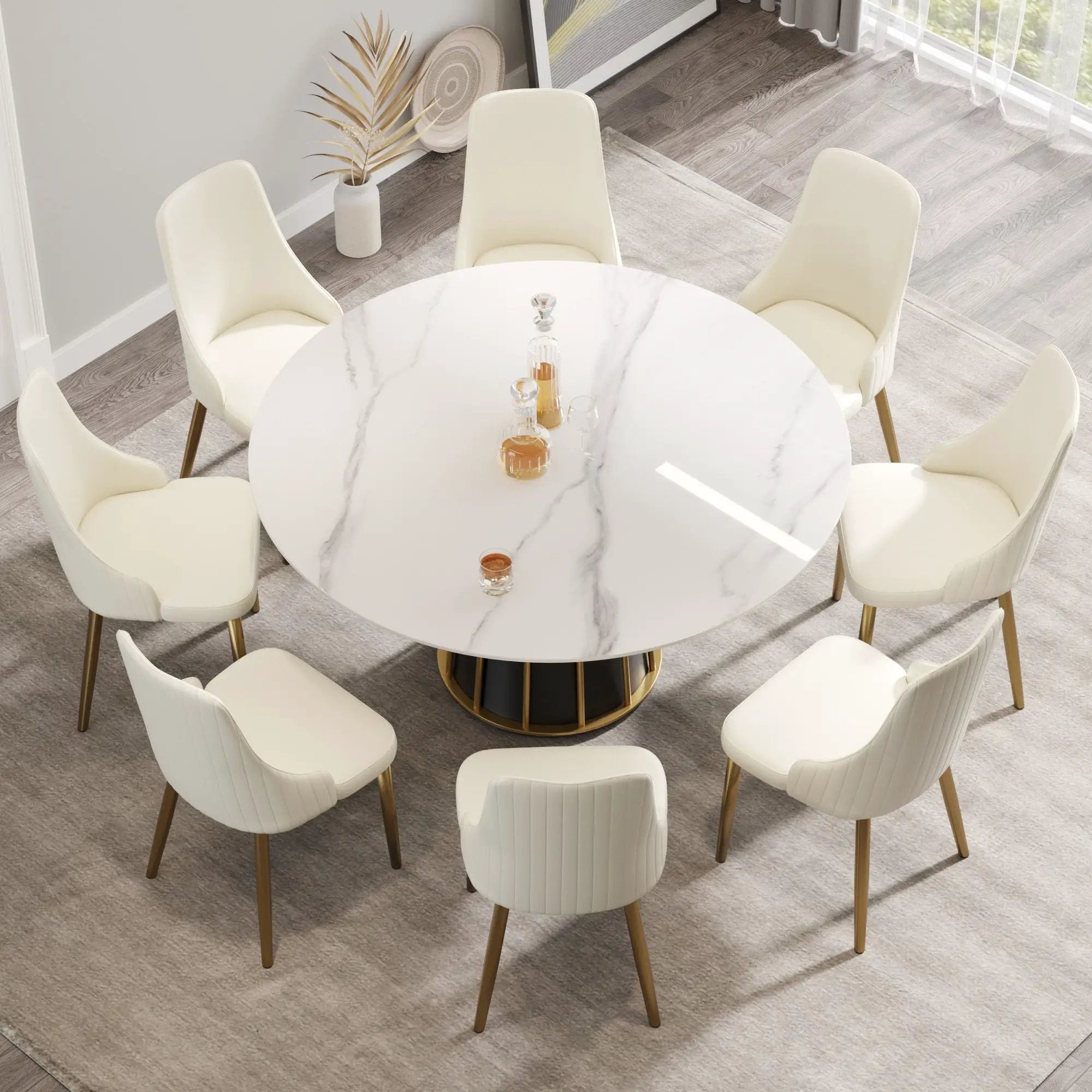 59.05" Modern Artificial Stone Round Panel Metal Iron Base Dining Table, Can Accommodate 8 People, (Not Including Chairs) - White / Black by HouseOfZazla