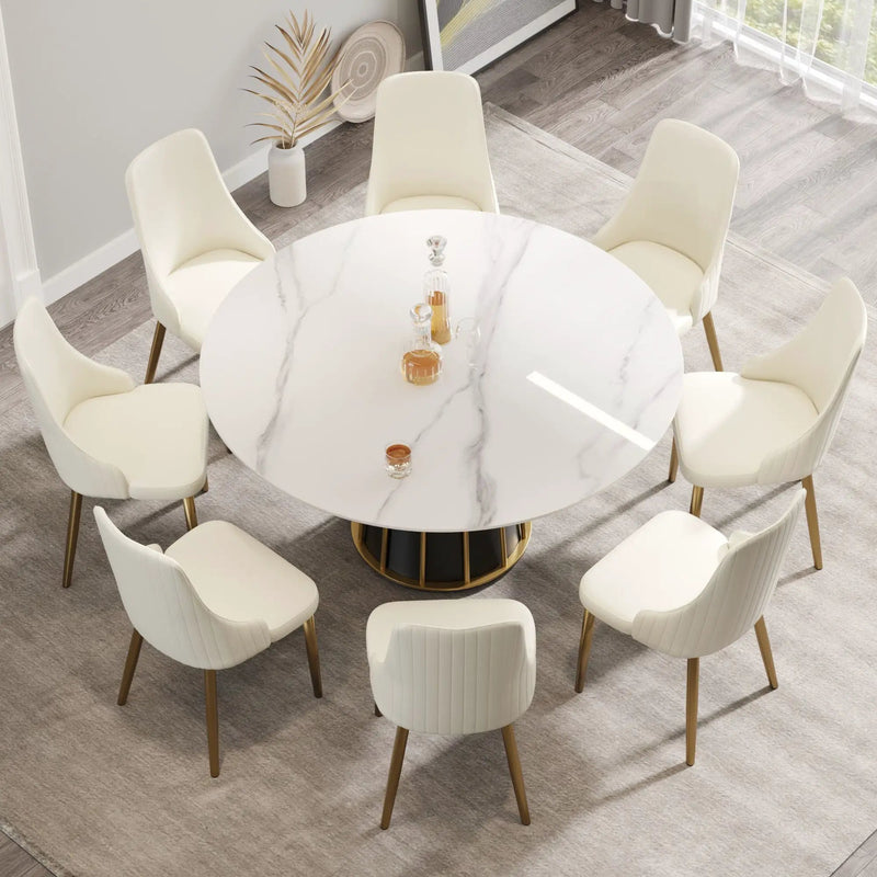 59.05" Modern Artificial Stone Round Panel Metal Iron Base Dining Table, Can Accommodate 8 People, (Not Including Chairs) - White / Black by HouseOfZazla