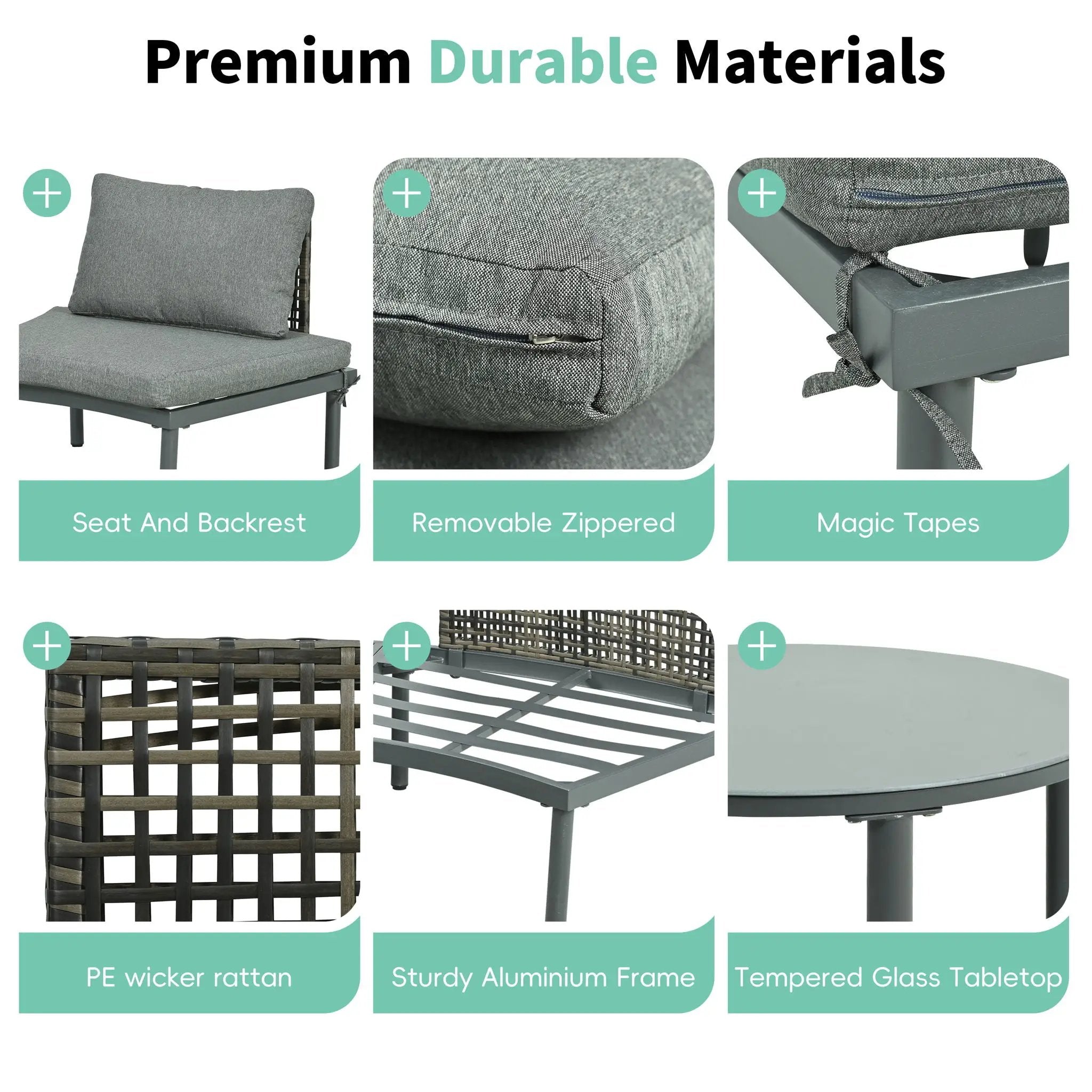 6 Piece Patio Set, Half Moon Outdoor Sectional Sofa With 2 High Low Coffee Tables, 4 Pillows & Cushions by Unique Piece Furniture