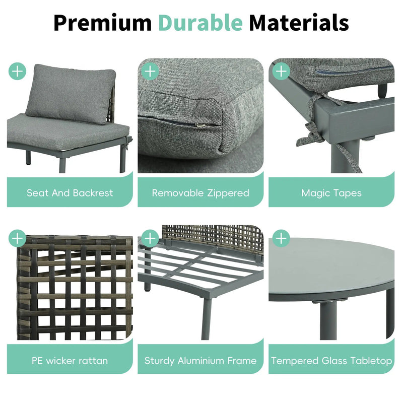 6 Piece Patio Set, Half Moon Outdoor Sectional Sofa With 2 High Low Coffee Tables, 4 Pillows & Cushions by Unique Piece Furniture