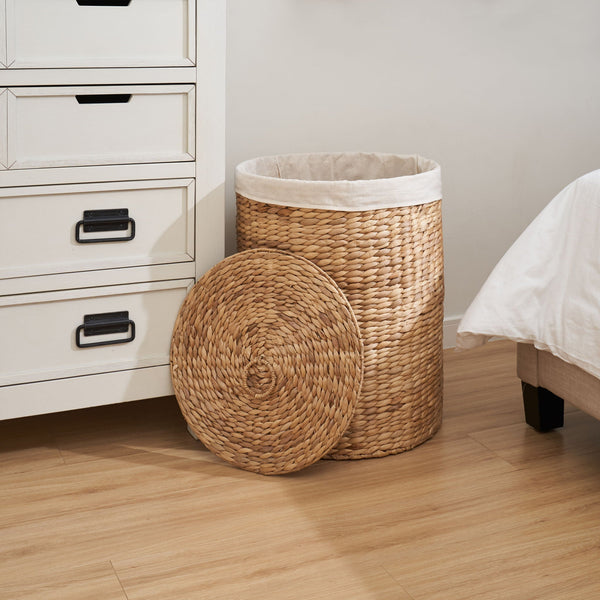 Round Tall Water Hyacinth Woven Wicker Laundry Hamper With Lid - For Clothes, Toys And Book Storage With Removable Liner - 15" X 15" X 20" - Natural Brown, photo 2 of 7