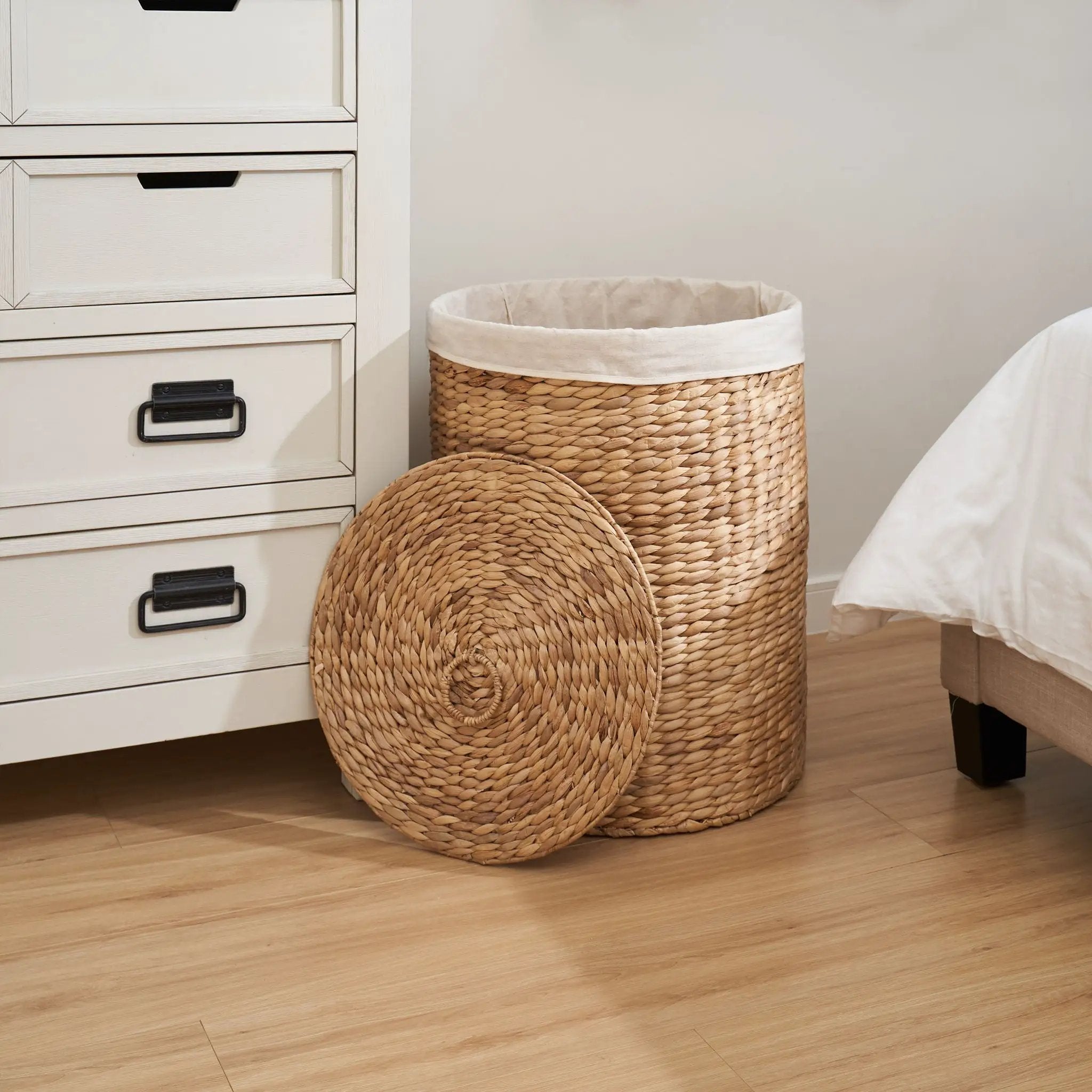 Round Tall Water Hyacinth Woven Wicker Laundry Hamper With Lid - For Clothes, Toys And Book Storage With Removable Liner - 15" X 15" X 20" - Natural Brown by HouseOfZazla