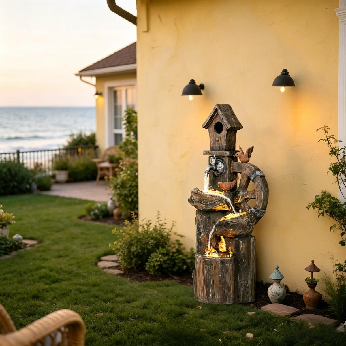 Resin Rustic Outdoor Fountain Birdhouse and Iron Tap, photo 3 of 9