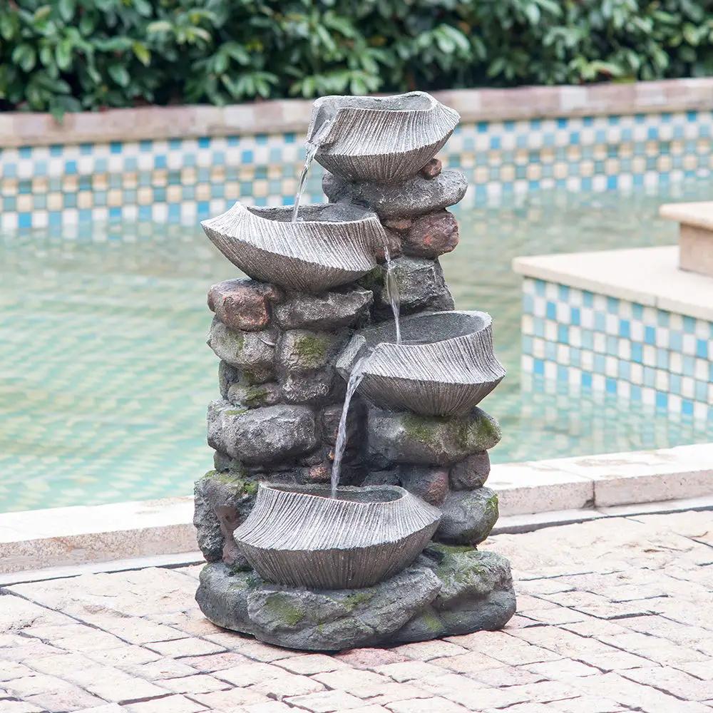 Indoor Outdoor Stone Water Fountain, 4 Tier Polyresin Cascading Rock Bowl Freestanding Fountain With LED Ligh - Gray by HouseOfZazla