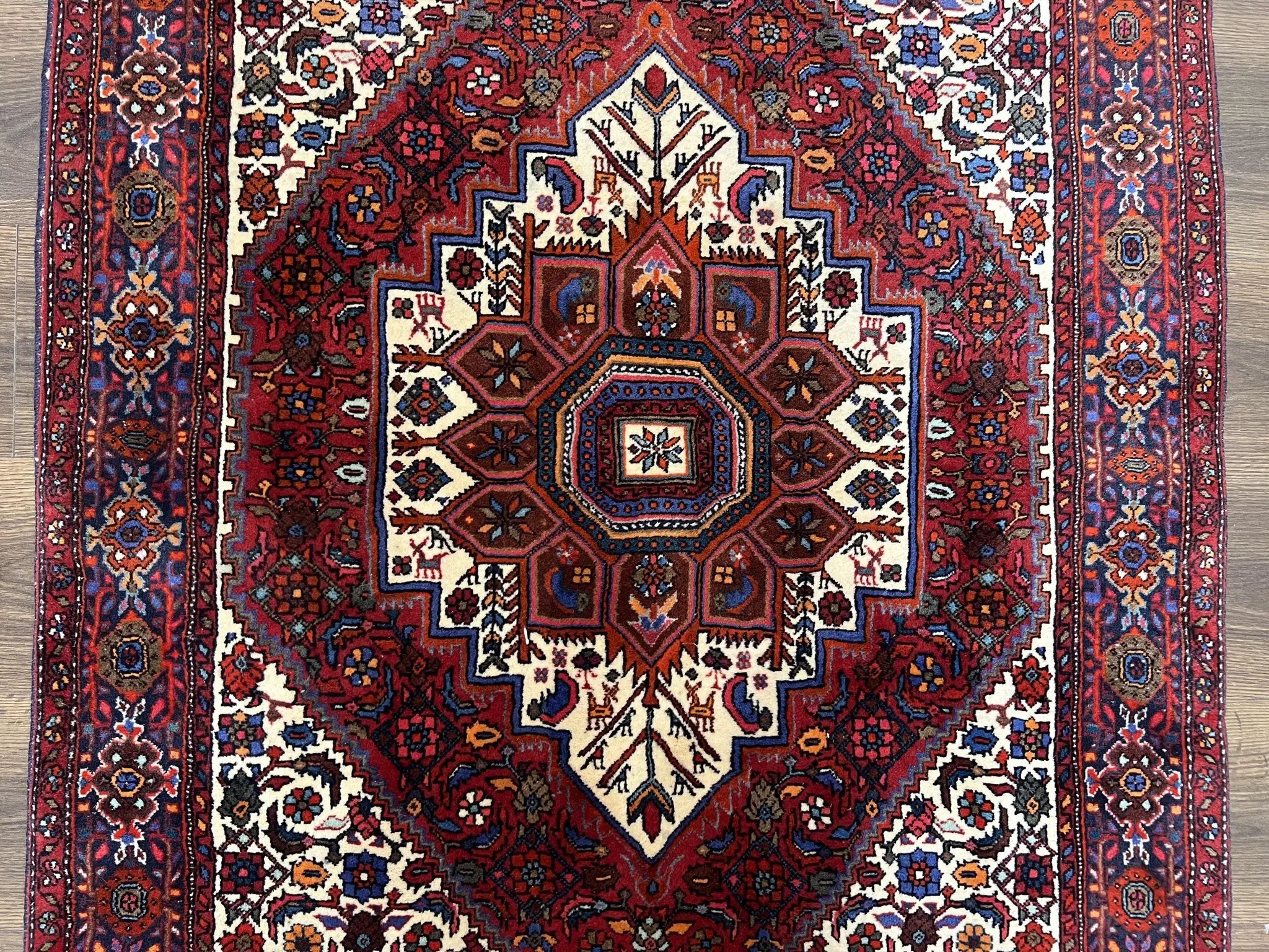 Fine Persian Bidjar Rug 3x5, Geometric Medallion Oriental Bijar Carpet 3 x 5 ft, Ruby Red and Cream, Hand Knotted Wool Rug, Semi Antique Tribal Rug, Nice by Jewel Rugs