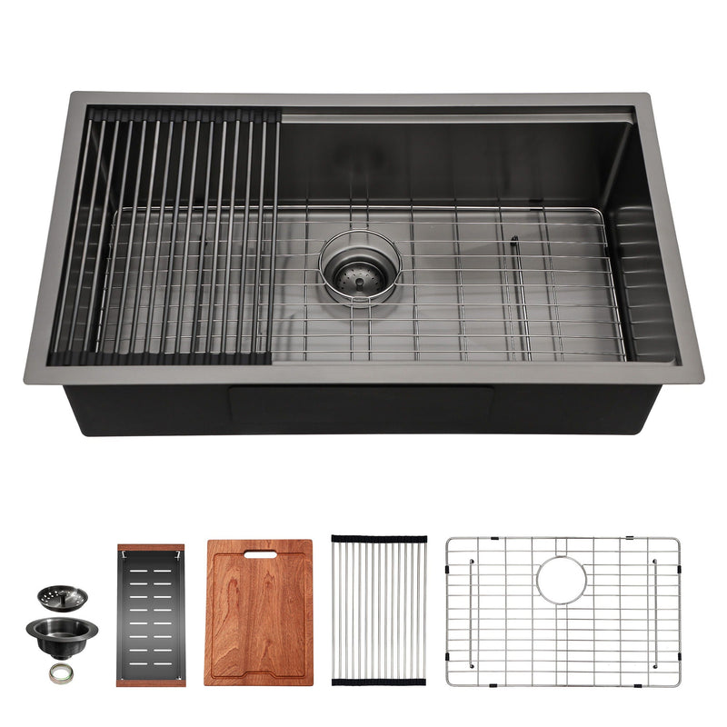 Workstation Kitchen Sink, Single Bowl Undermount 16 Gauge Stainless Steel - White by HouseOfZazla