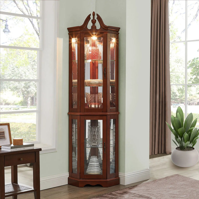Corner Curio Cabinet With Lights, Adjustable Tempered Glass Shelves, Display Cabinet (E26 Light Bulb Not Included) - Mirrored / Walnut by HouseOfZazla