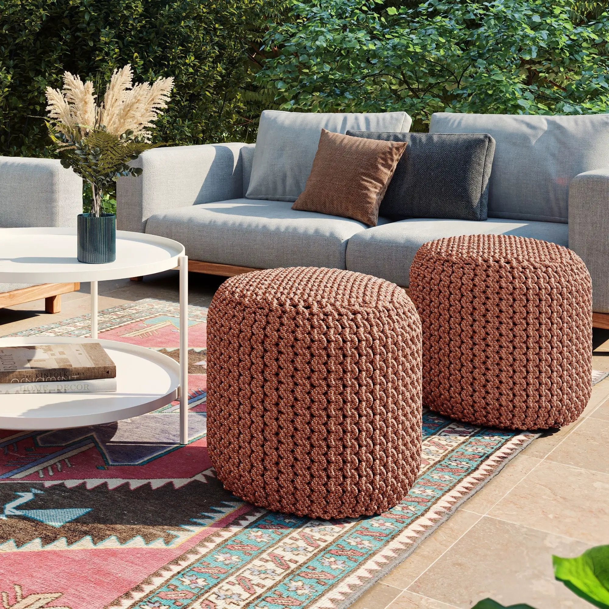 Wynne - Round Knitted Outdoor / Indoor Pouf - Orange by Unique Piece Furniture