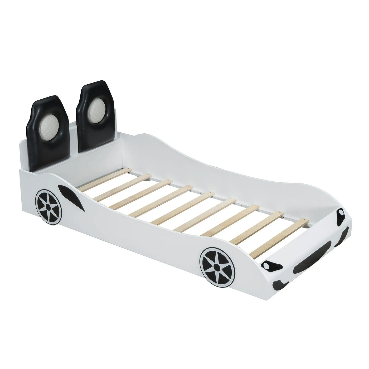 Race Car Shaped Platform Bed With LED And Upholstered Backrest In by HouseOfZazla