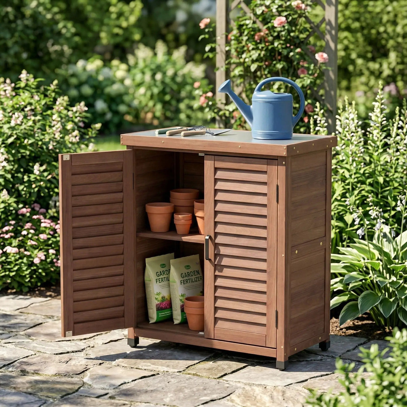 Potting Bench With Storage Cabinet And Metal Table Top For Outdoor by HouseOfZazla