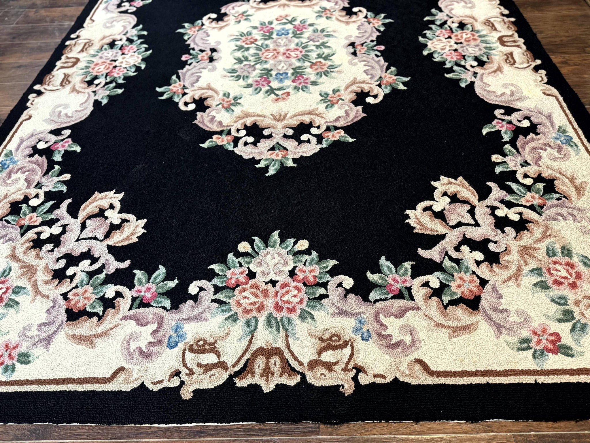 Aubusson Rug 8x11, Black and Ivory, Hooked Rug, Vintage, Wool by Jewel Rugs