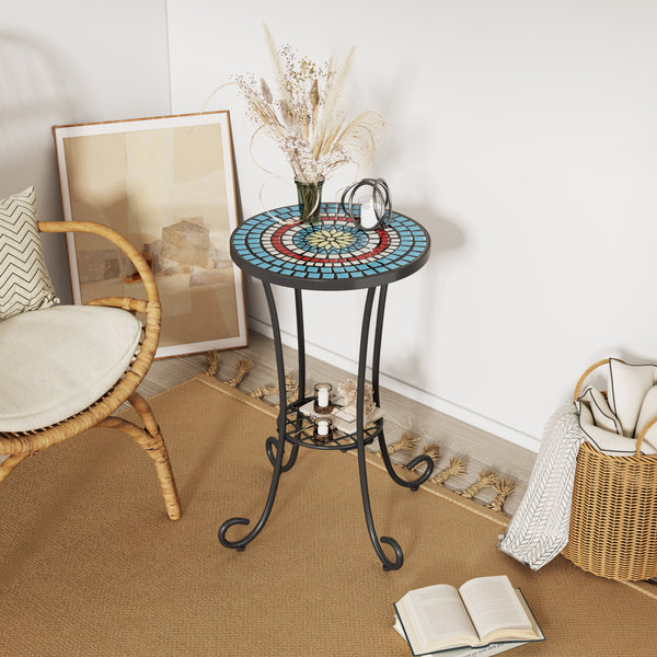 Patio Side Table with Shelf, Blue and Black