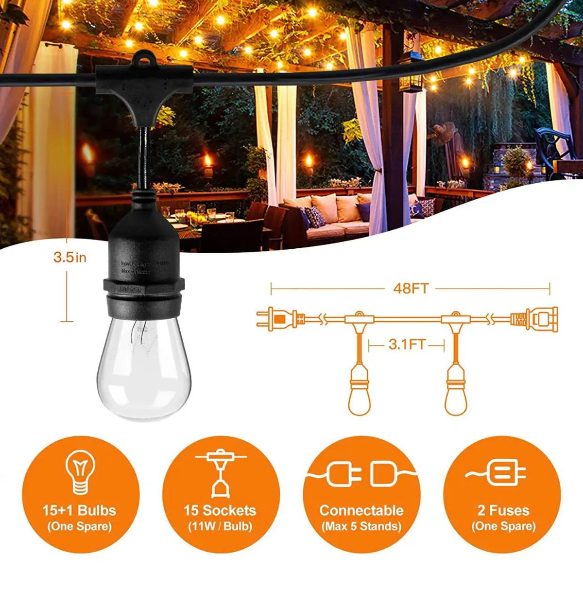 24Ft Plug-In LED Outdoor String Lights Waterproof- Hanging, Dimmable 2W Vintage Edison Bulbs by Outdoor Solar Outlet