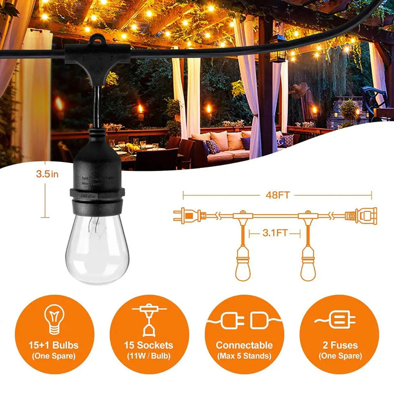 24Ft Plug-In LED Outdoor String Lights Waterproof- Hanging, Dimmable 2W Vintage Edison Bulbs by Outdoor Solar Outlet