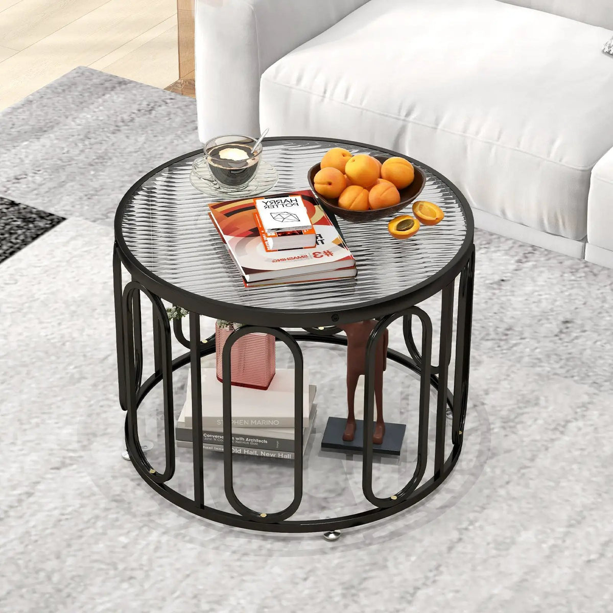 24 Inch Round Coffee Table with Reeded Tempered Glass Top and Oval Swivel Brackets by DirectDeals