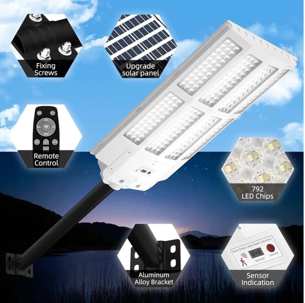 2500W Solar Street Light Outdoor Waterproof, 6500K Motion Sensor Lights Dusk to Dawn, 200,000LM Wall Light with Remote Control by Outdoor Solar Outlet