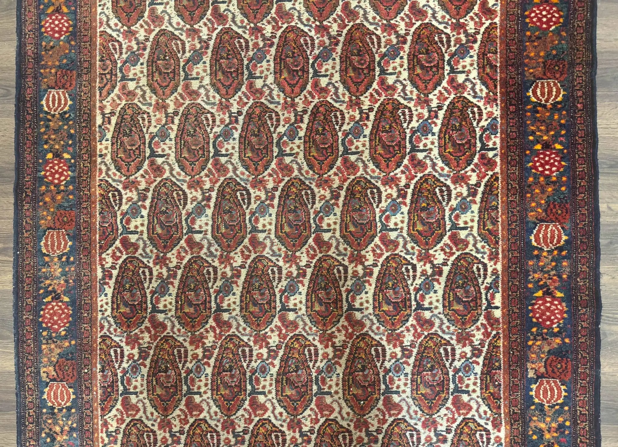 Antique Persian Kurdish Senneh Rug 4.6 x 6.5, Repeated Paisely Boteh Design, Handmade by Jewel Rugs