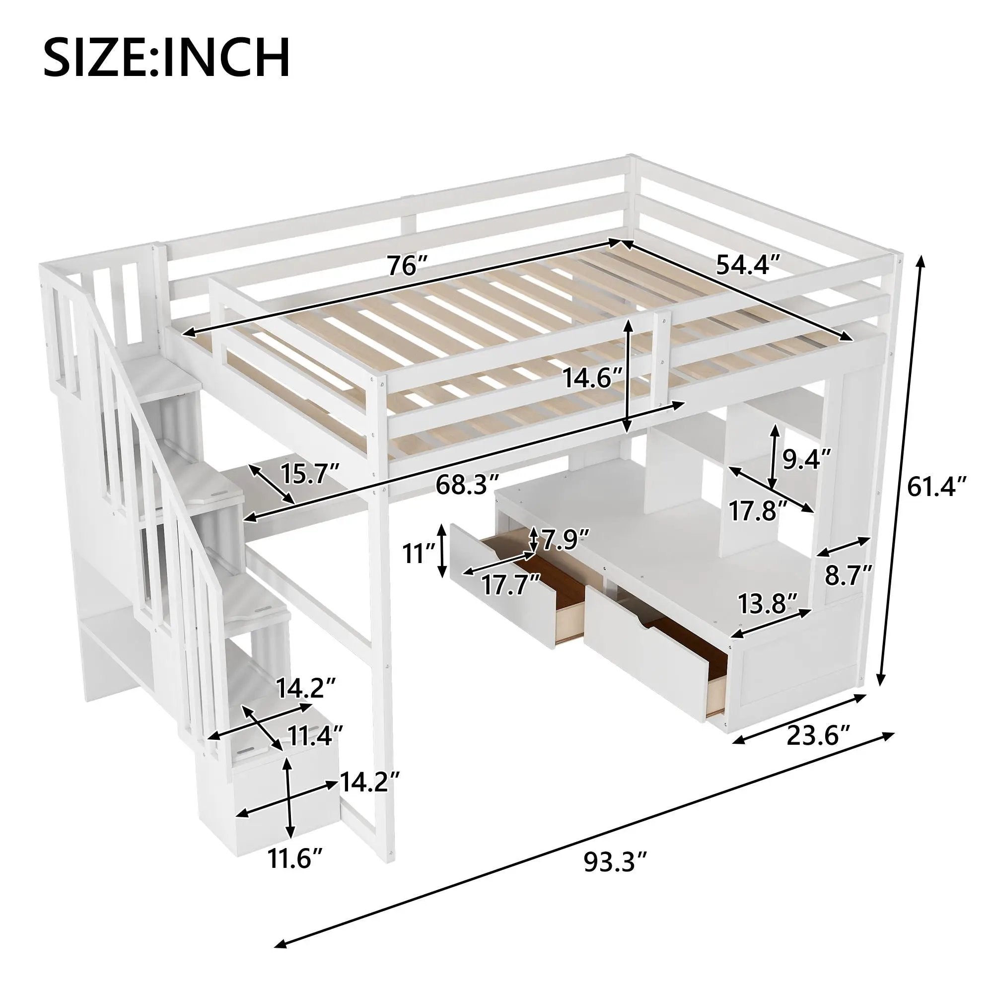 Full Size Loft Bed With Desk And Shelves, 2 Built In Drawers, Storage Staircase - White by HouseOfZazla