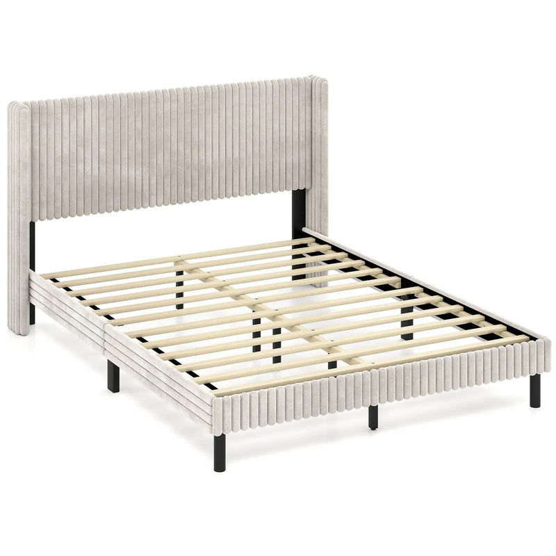 Queen Size Velvet Bed Frame with Vertical Channel Tufted Wingback Headboard-White by DirectDeals