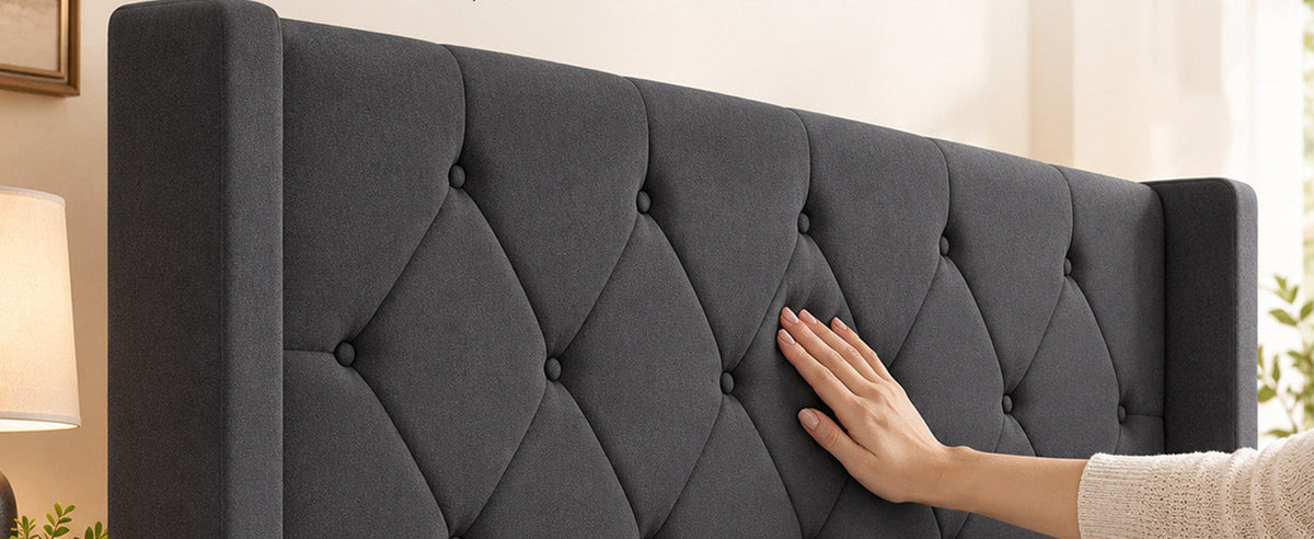 Modern Queen Size Platform Bed Frame with Tufted Velvet Headboard, photo 5 of 10