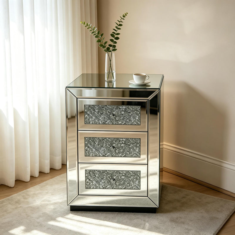3 Drawer Nightstand With Glass Accents, Bedside Table For Bedroom - Silver by HouseOfZazla