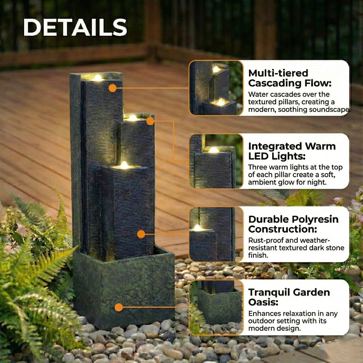 Resin Slate Water Wall Fountain 3 Column Top Lit, photo 3 of 7