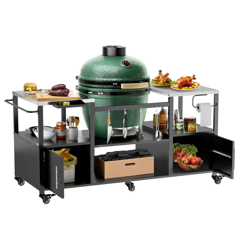 Outdoor Grill Table For Big Egg Style Bbq With Metal Grill Cart And Storage Box And Metal And Stainless Steel - Black / Silver by HouseOfZazla