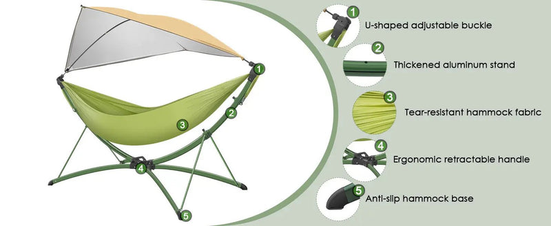 Portable Outdoor Hammock with Quick-Fold Stand and Adjustable Sunshade by HouseOfZazla