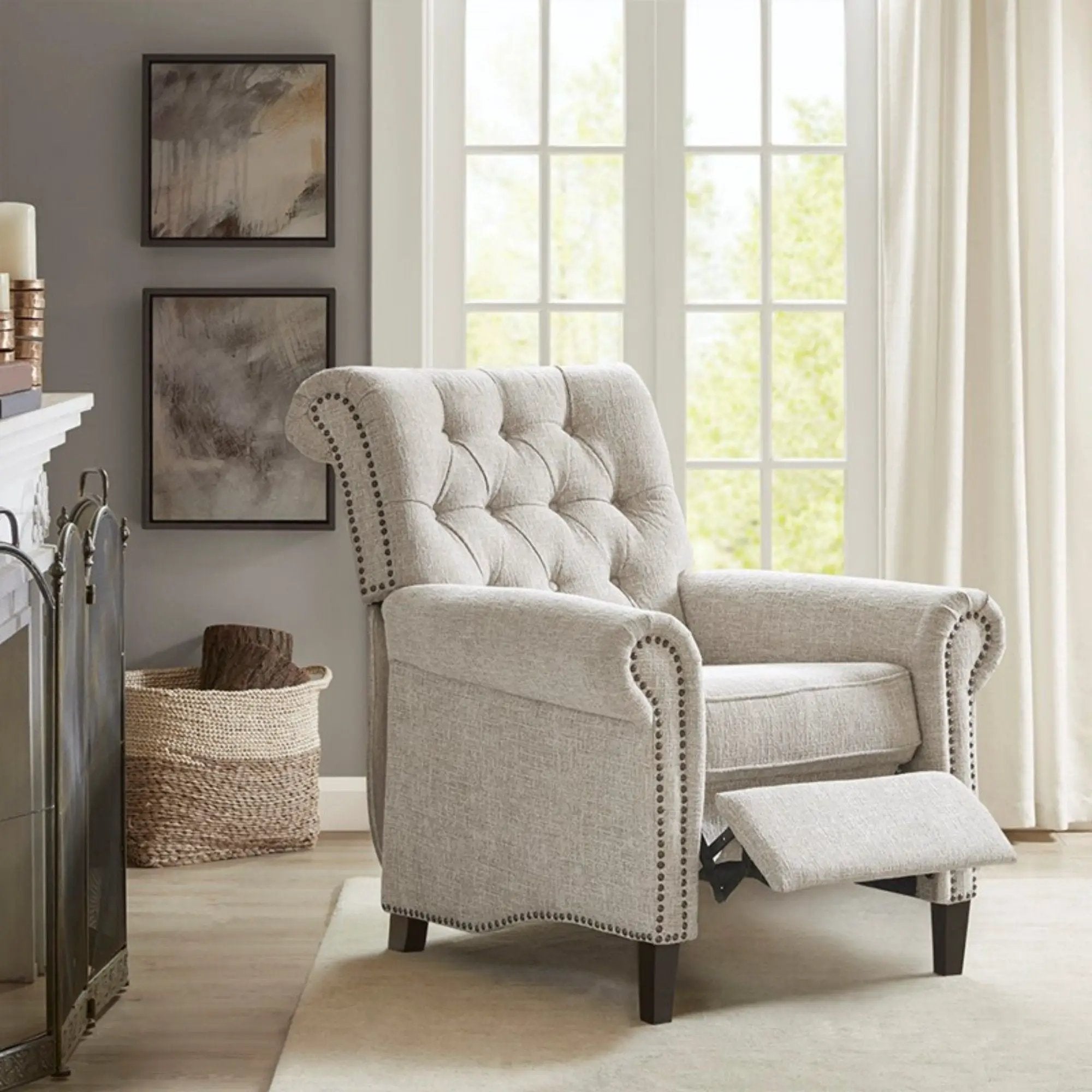 Aidan - Push Back Recliner Chair With Tufted Back And Nailhead Trim - Cream by HouseOfZazla