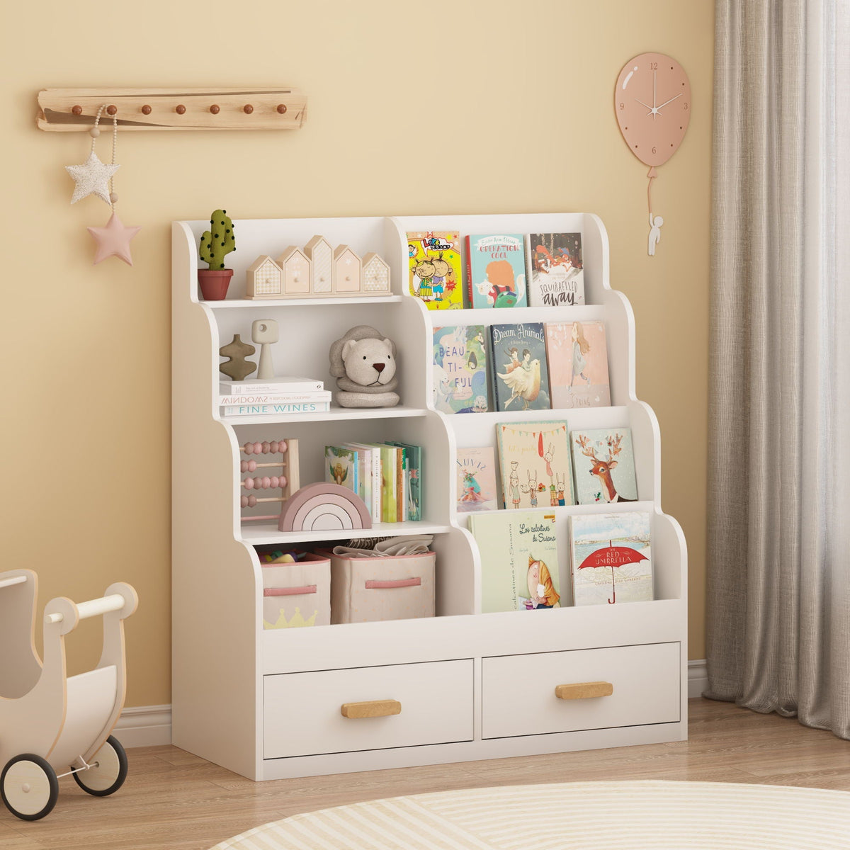 Bookshelf with 2 Storage Drawers, Front Facing Bookcase and Toy Organizer - White, photo 2 of 4